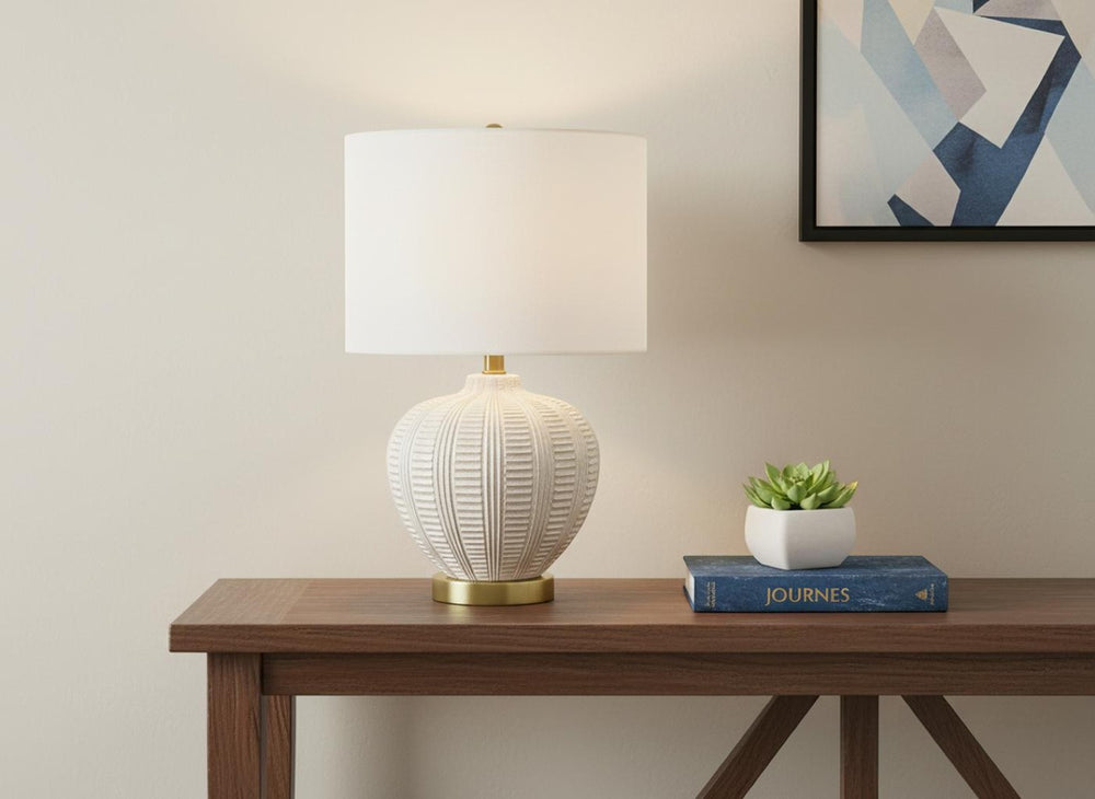 HomeRoots 21" Gold and White Urn Table Lamp with Ivory Shade - Elegant Ambient Lighting for Any Space 545804
