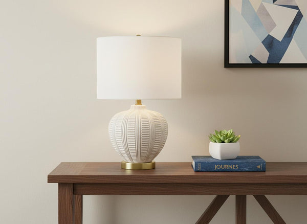 HomeRoots 21" Gold and White Urn Table Lamp with Ivory Shade - Elegant Ambient Lighting for Any Space 545804