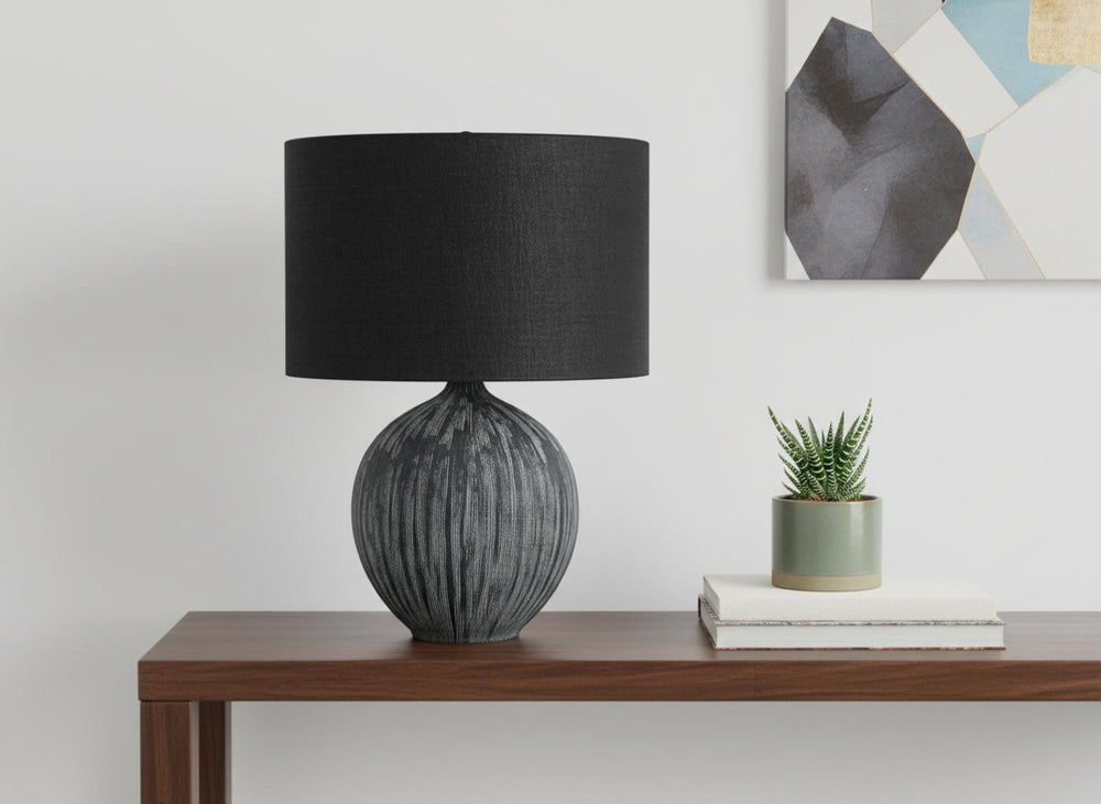 HomeRoots 23" Modern Black Ceramic Table Lamp with Linen Drum Shade for Stylish Home Lighting and Decor 545805