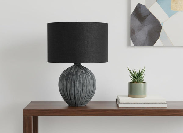 HomeRoots 23" Modern Black Ceramic Table Lamp with Linen Drum Shade for Stylish Home Lighting and Decor 545805