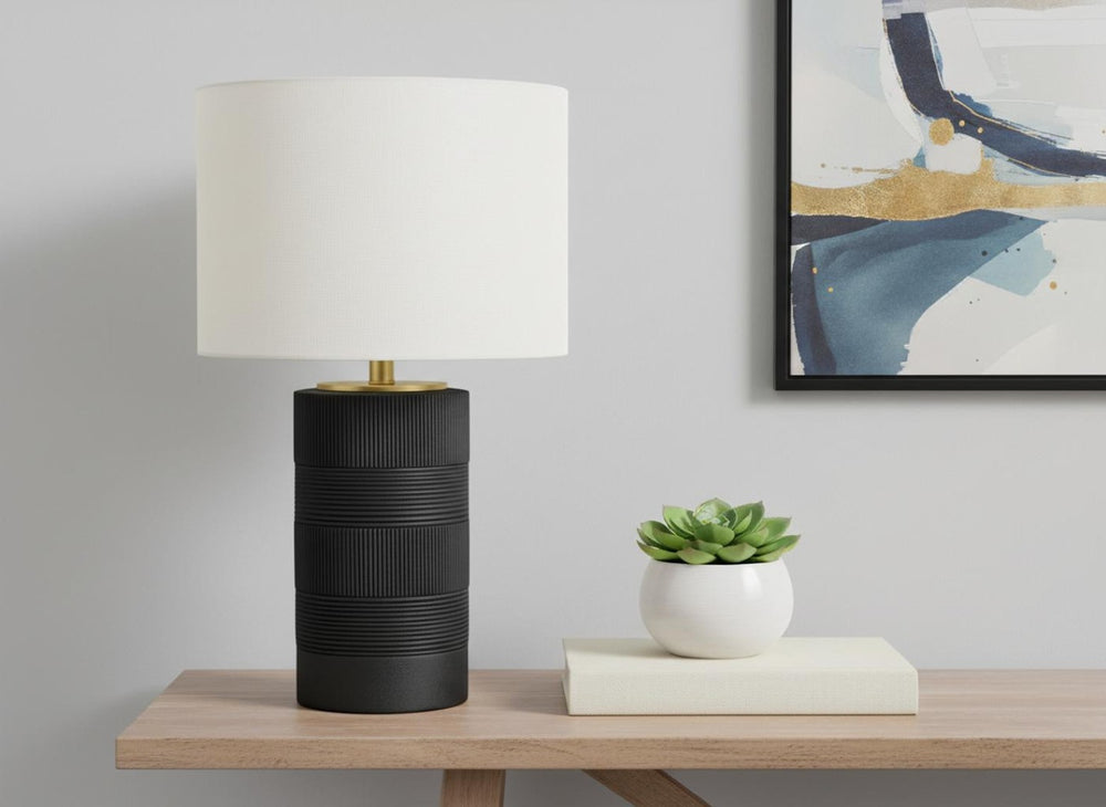 HomeRoots 24" Black Cylinder Table Lamp with Smart Control and Elegant Ivory Drum Shade for Modern Living Spaces 545806