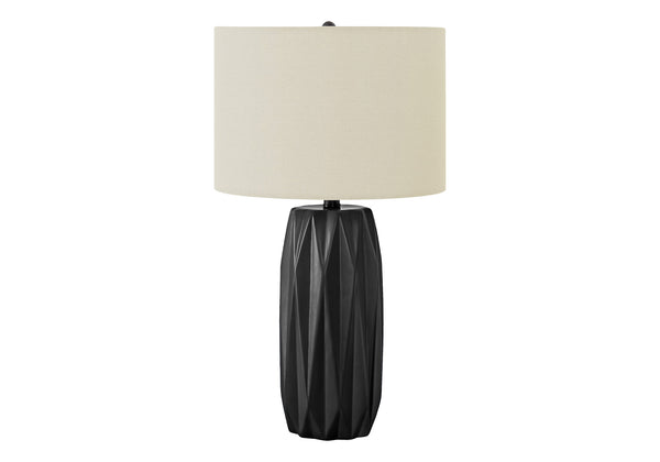 Homeroots 25" Black Ceramic Geometric Table Lamp With Ivory Drum Shade   545807