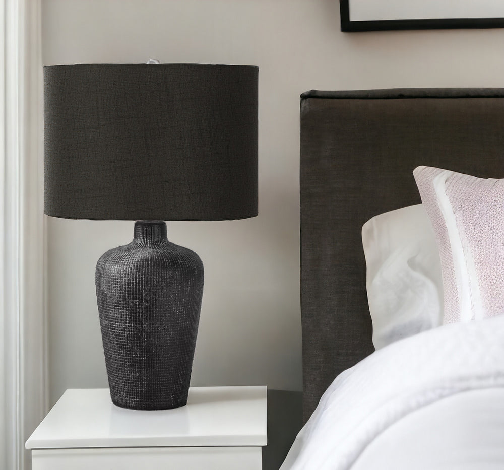 Homeroots 24" Black Ceramic Round Table Lamp With Black Drum Shade   545808