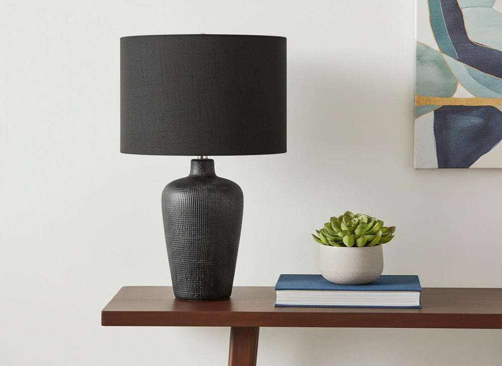 HomeRoots 24" Modern Black Ceramic Table Lamp with Linen Drum Shade - Stylish Ambient Lighting for Any Room 545808