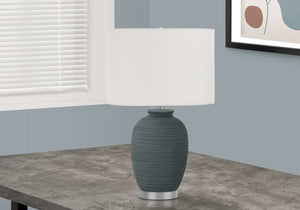 Homeroots 24" Blue And Silver Ceramic Round Table Lamp With Ivory Drum Shade   545809