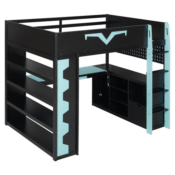English Elm Full Size Gaming Loft Bed with Desk Rgb Lighting Power Outlet and Storage Drawer Blue LT000285AAC