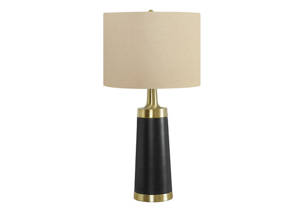 HomeRoots 28" Black and Gold Modern Cylinder Table Lamp - Smart-Enabled with Beige Linen Shade for Versatile Lighting 545810