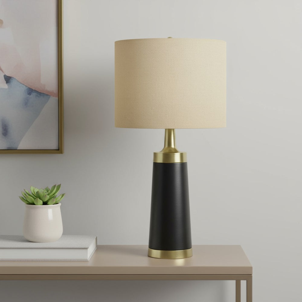 HomeRoots 28" Black and Gold Modern Cylinder Table Lamp - Smart-Enabled with Beige Linen Shade for Versatile Lighting 545810