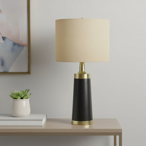 HomeRoots 28" Black and Gold Modern Cylinder Table Lamp - Smart-Enabled with Beige Linen Shade for Versatile Lighting 545810