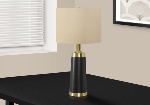 HomeRoots 28" Black and Gold Modern Cylinder Table Lamp - Smart-Enabled with Beige Linen Shade for Versatile Lighting 545810