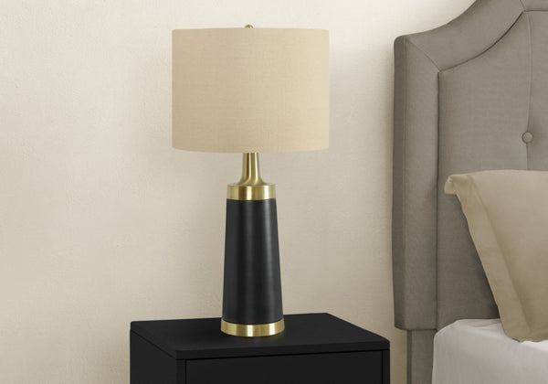 HomeRoots 28" Black and Gold Modern Cylinder Table Lamp - Smart-Enabled with Beige Linen Shade for Versatile Lighting 545810
