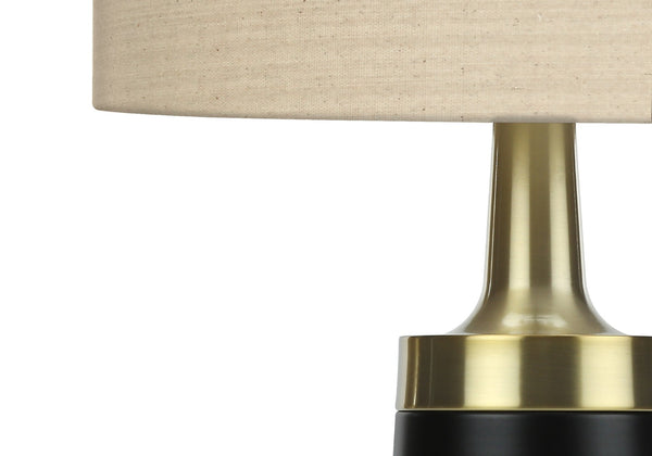 HomeRoots 28" Black and Gold Modern Cylinder Table Lamp - Smart-Enabled with Beige Linen Shade for Versatile Lighting 545810