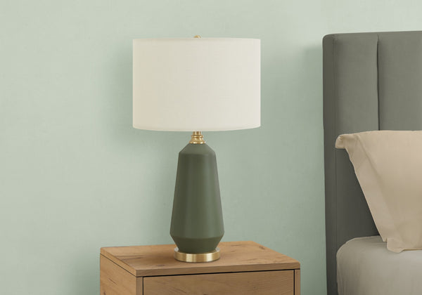 HomeRoots 26" Elegant Green Ceramic Table Lamp with Ivory Shade – Modern Geometric Design for Any Room Decor 545811