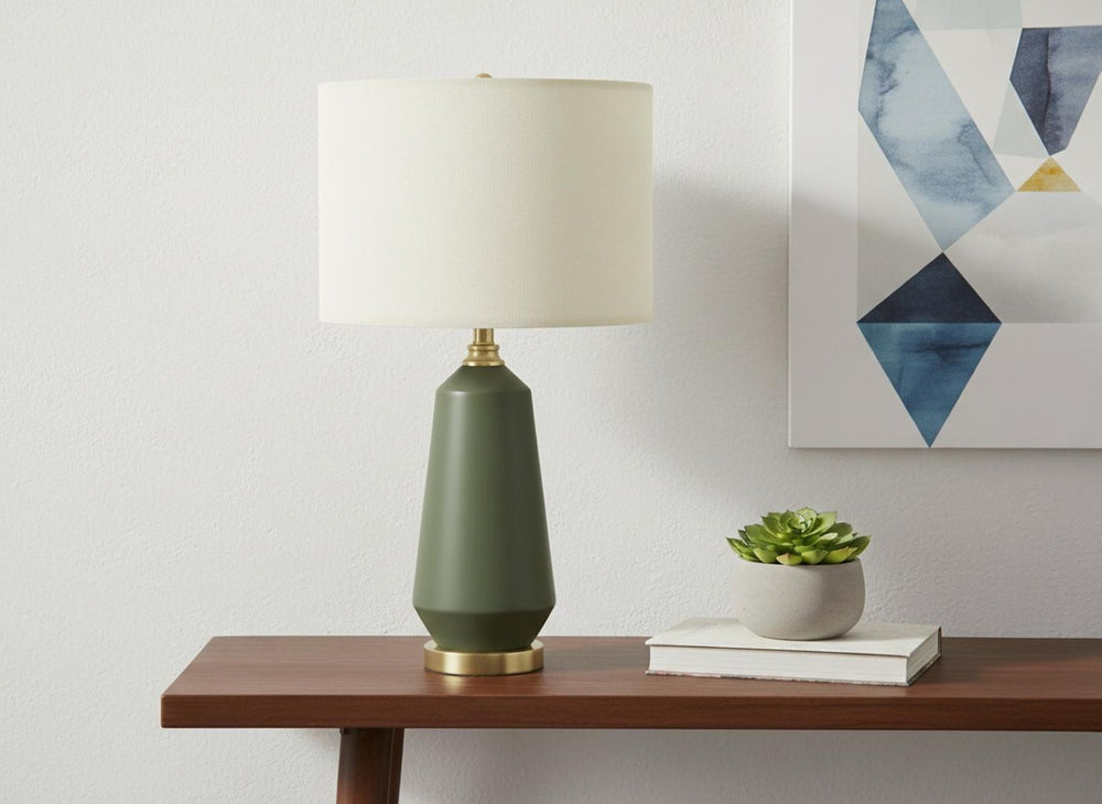 HomeRoots 26" Elegant Green Ceramic Table Lamp with Ivory Shade – Modern Geometric Design for Any Room Decor 545811