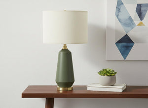 HomeRoots 26" Elegant Green Ceramic Table Lamp with Ivory Shade – Modern Geometric Design for Any Room Decor 545811