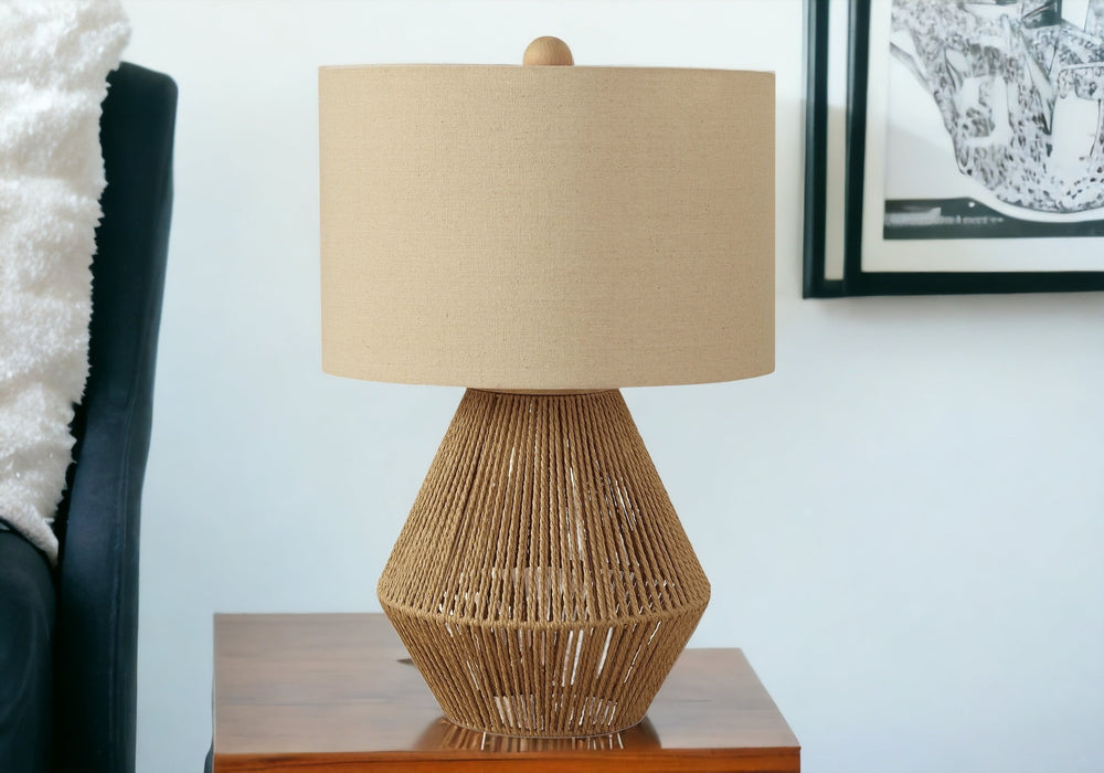 Homeroots 22" Brown Rattan Geometric Table Lamp With Beige Drum Shade   545814