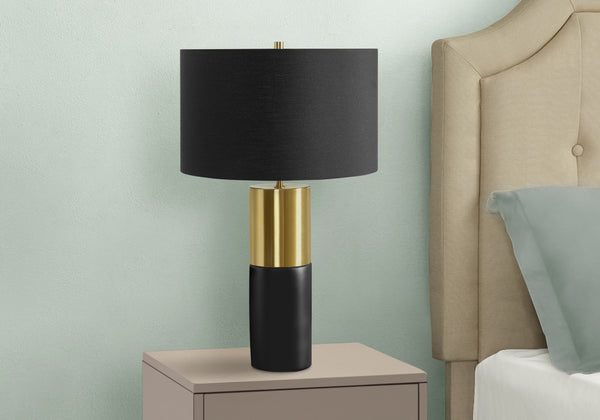 Homeroots 25" Black And Gold Concrete Cylinder Table Lamp With Black Drum Shade   545815