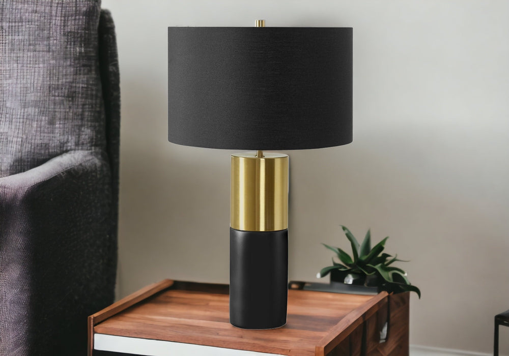 Homeroots 25" Black And Gold Concrete Cylinder Table Lamp With Black Drum Shade   545815