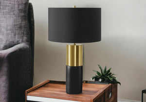 Homeroots 25" Black And Gold Concrete Cylinder Table Lamp With Black Drum Shade   545815