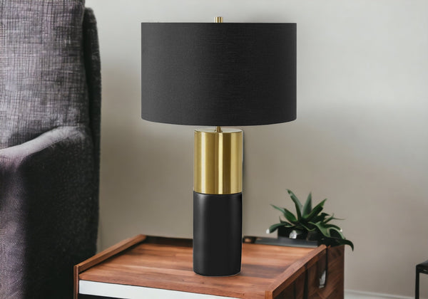 Homeroots 25" Black And Gold Concrete Cylinder Table Lamp With Black Drum Shade   545815