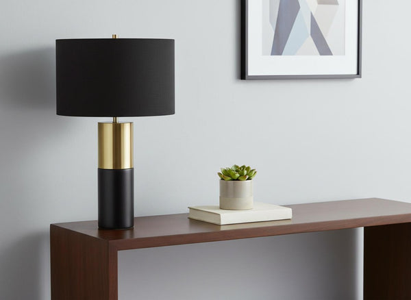 HomeRoots 25" Modern Black and Gold Concrete Table Lamp with Elegant Drum Shade for Stylish Home Decor 545815