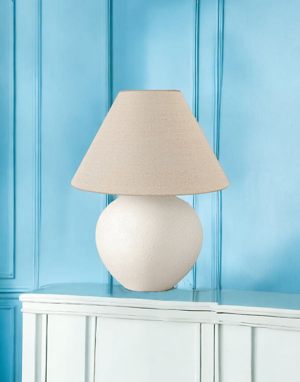 Homeroots 16" Cream Ceramic Round Table Lamp With Cream Empire Shade   545817