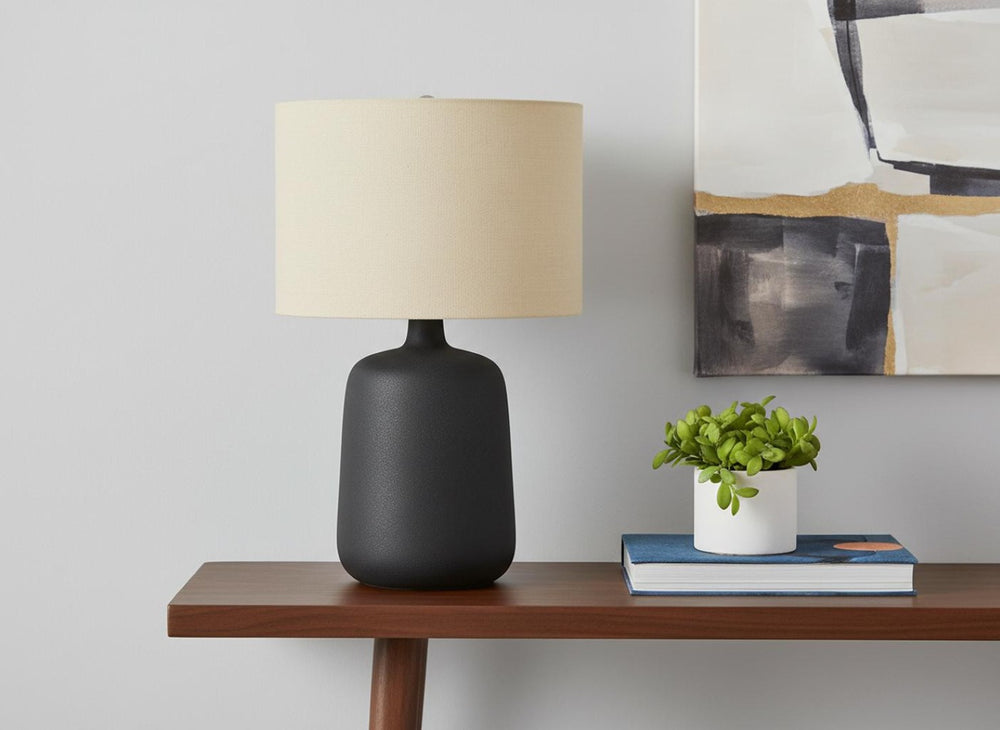 HomeRoots 24" Black Ceramic Table Lamp with Beige Linen Shade - Modern Design for Cozy Ambiance & Style 545820
