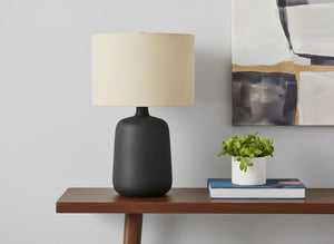 HomeRoots 24" Black Ceramic Table Lamp with Beige Linen Shade - Modern Design for Cozy Ambiance & Style 545820
