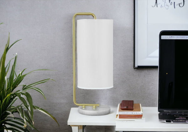 Homeroots 20" Gold And White Marble Round Arched Table Lamp With Ivory Drum Shade   545821