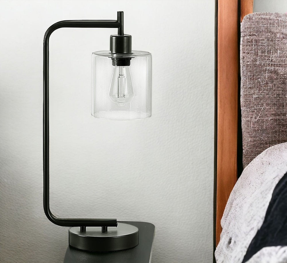 Homeroots 20" Black Metal Round Arched Usb Table Lamp With Clear Drum Shade   545822