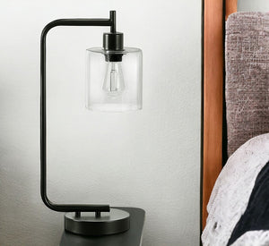 Homeroots 20" Black Metal Round Arched Usb Table Lamp With Clear Drum Shade   545822