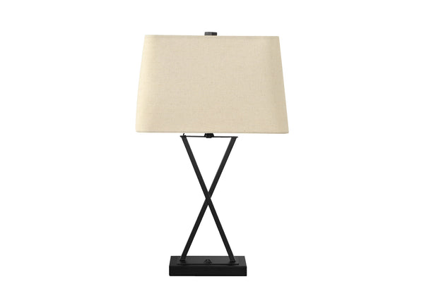 Homeroots 25" Black Metal Geometric Usb Table Lamp With Beige Shade   545823