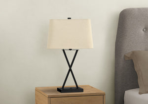 Homeroots 25" Black Metal Geometric Usb Table Lamp With Beige Shade   545823