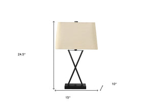 HomeRoots 25" Black Metal Geometric USB Table Lamp with Beige Linen Shade for Modern Style & Functionality 545823