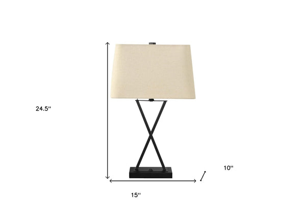HomeRoots 25" Black Metal Geometric USB Table Lamp with Beige Linen Shade for Modern Style & Functionality 545823