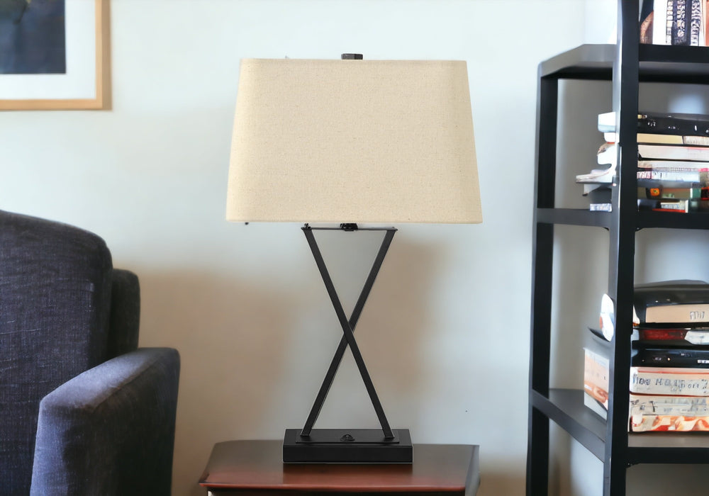 Homeroots 25" Black Metal Geometric Usb Table Lamp With Beige Shade   545823