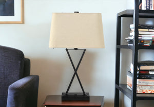 Homeroots 25" Black Metal Geometric Usb Table Lamp With Beige Shade   545823