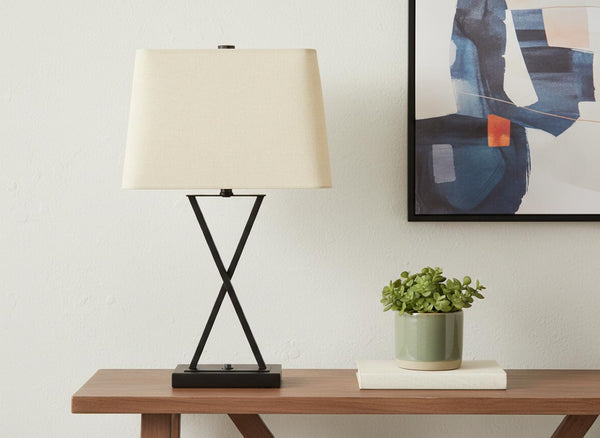 HomeRoots 25" Black Metal Geometric USB Table Lamp with Beige Linen Shade for Modern Style & Functionality 545823