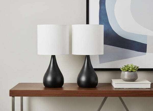 Set of Two Black Metal Round Bedside Lamps Featuring Ivory Drum Shades for Modern Decor