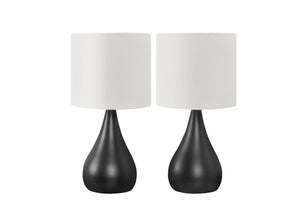 HomeRoots Set of Two Black Metal Round Bedside Lamps Featuring Ivory Drum Shades for Modern Decor 545824