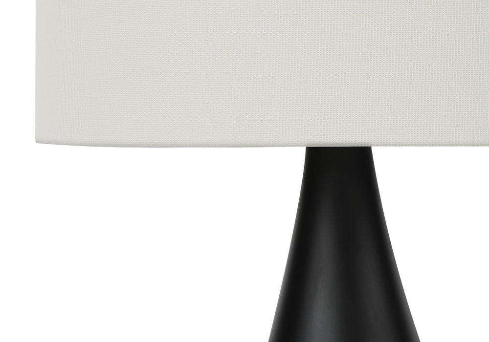 HomeRoots Set of Two Black Metal Round Bedside Lamps Featuring Ivory Drum Shades for Modern Decor 545824