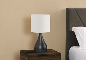 Set of Two Black Metal Round Bedside Lamps Featuring Ivory Drum Shades for Modern Decor