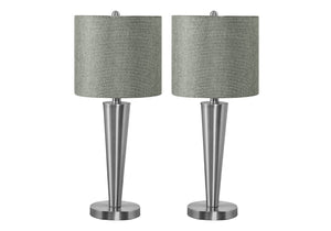 HomeRoots Set of Two 24" Silver Metal USB Table Lamps with Gray Drum Shade - Modern Elegance for Any Space 545825
