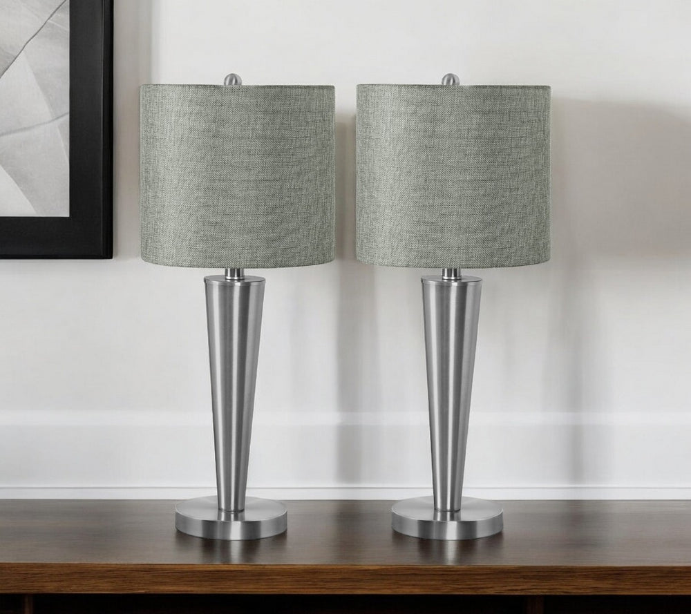 HomeRoots Set of Two 24" Silver Metal USB Table Lamps with Gray Drum Shade - Modern Elegance for Any Space 545825