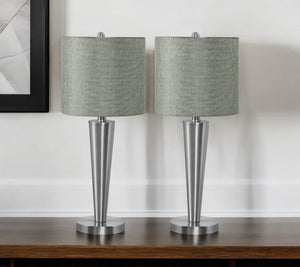 HomeRoots Set of Two 24" Silver Metal USB Table Lamps with Gray Drum Shade - Modern Elegance for Any Space 545825