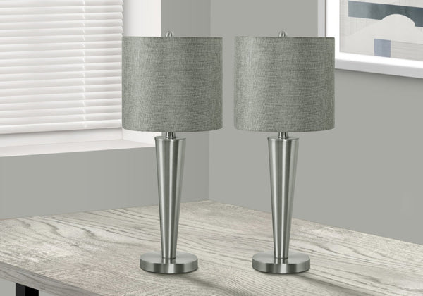 HomeRoots Set of Two 24" Silver Metal USB Table Lamps with Gray Drum Shade - Modern Elegance for Any Space 545825
