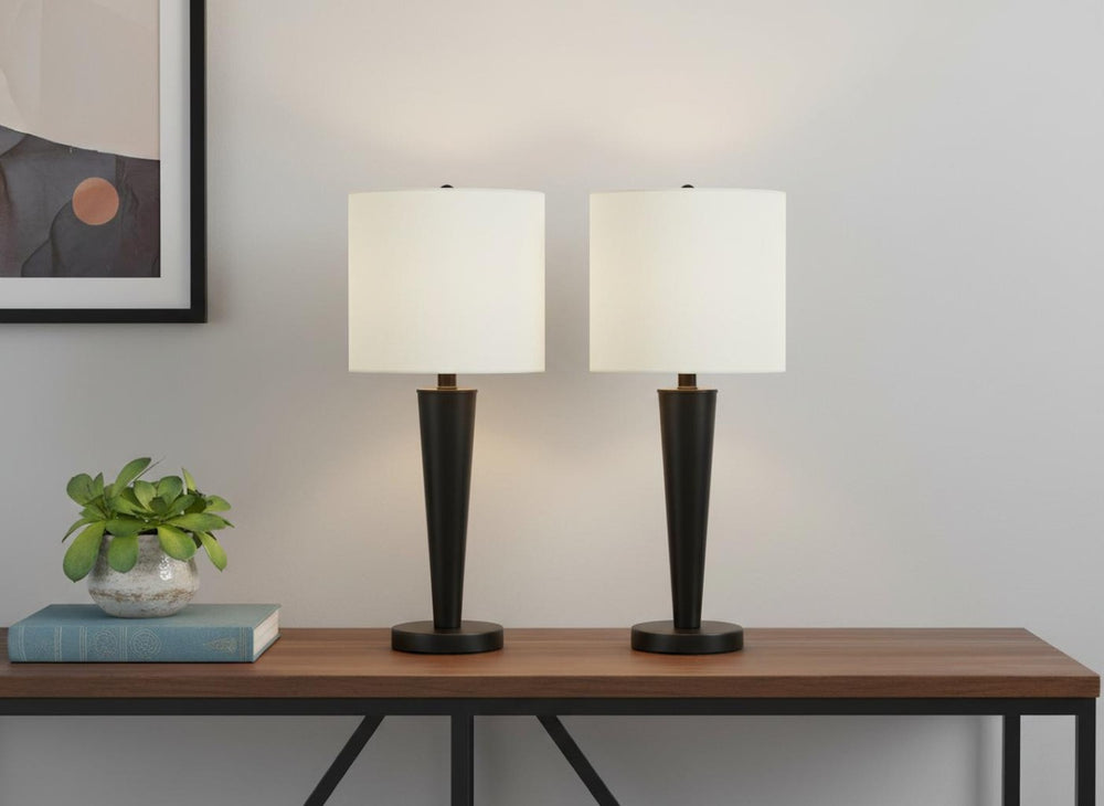 HomeRoots Set of Two 24" Black Metal Candlestick Table Lamps with USB Port & Ivory Shade for Modern Style 545826