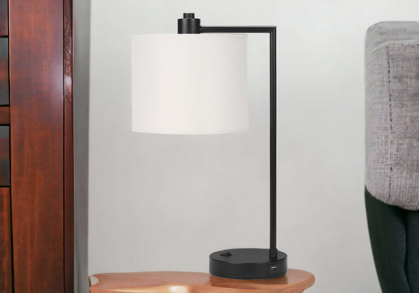Homeroots 19" Black Metal Round Usb Table Lamp With Ivory Drum Shade   545829