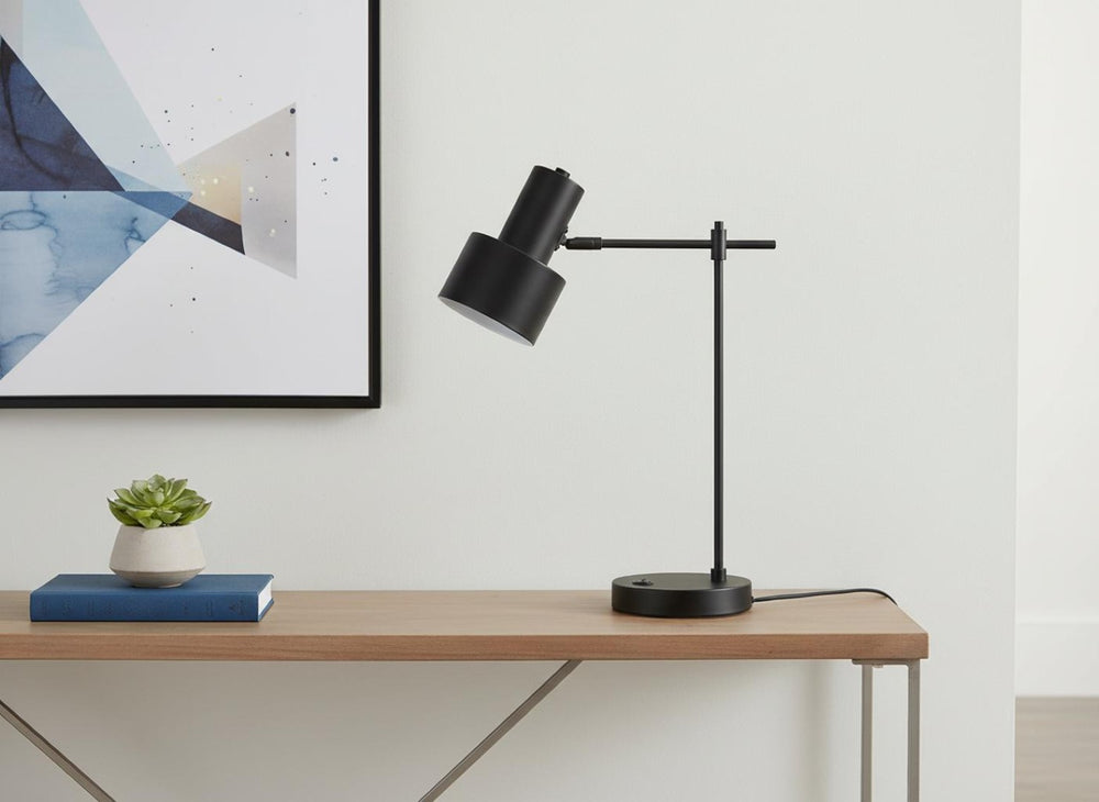 HomeRoots 21" Modern Black Metal USB Table Lamp with Adjustable Shade for Stylish Home Lighting Solutions 545830