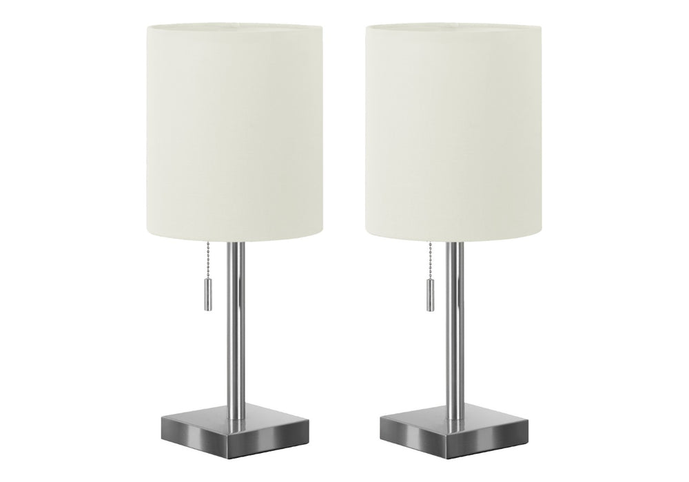 HomeRoots Set of Two 17" Silver Metal Candlestick Table Lamps with USB Charging & Ivory Drum Shades 545831